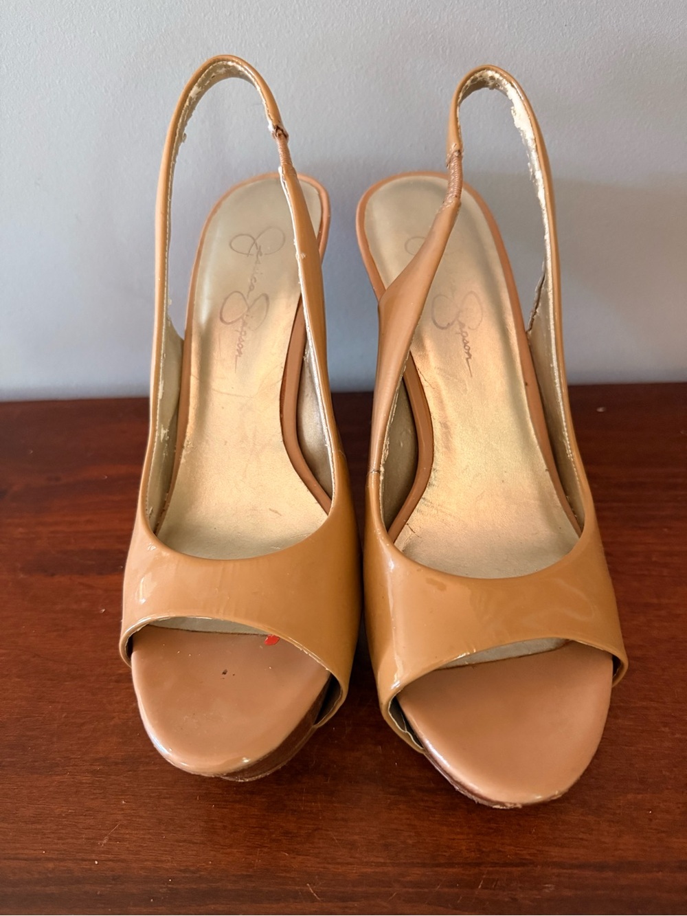 Jessica Simpson glossy tan/nude/ brown platform sling back heels. Size 8